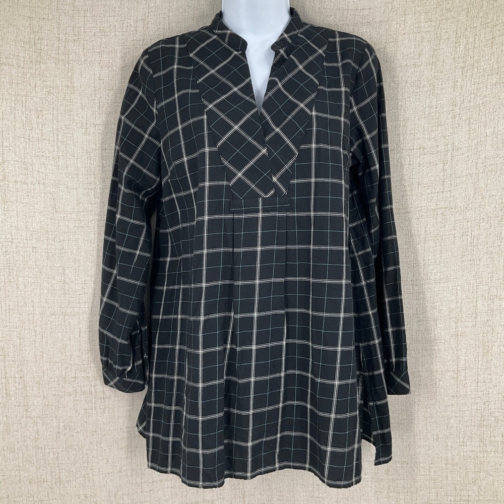 J. Jill Tunic Blouse Womens S Black Cotton Plaid Long Sleeve Split Neck Classic